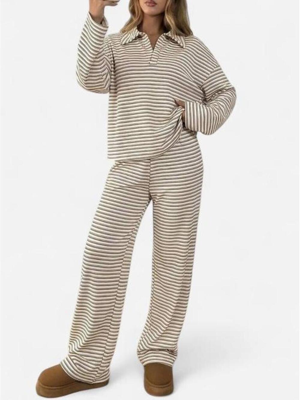 Cream Brown Striped Two Piece Matching Set Size S